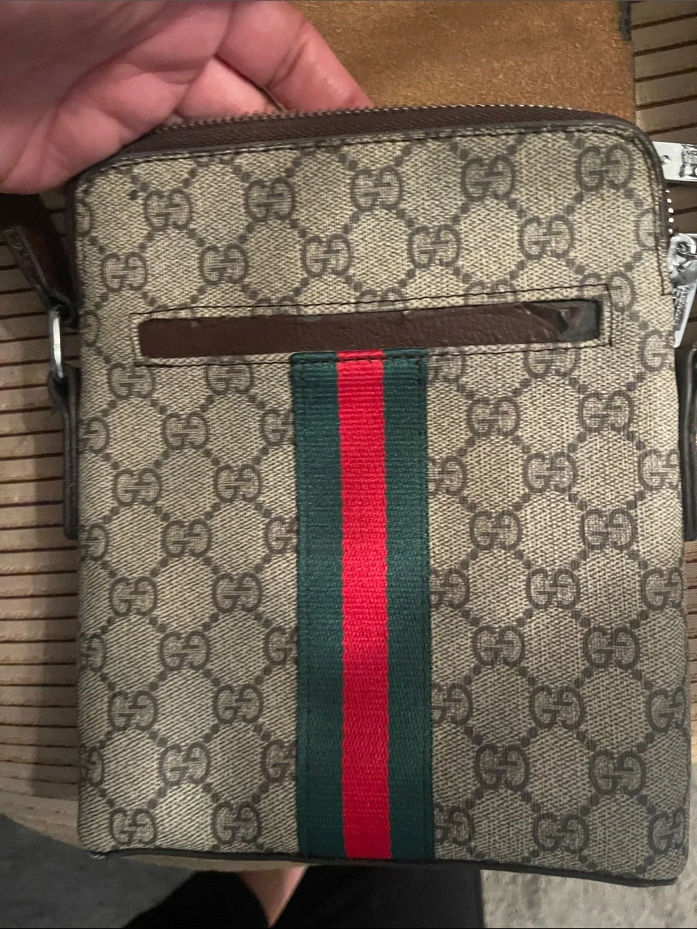 Gucci Brown GG Supreme Messenger Bag with Red-Blue Web Stripe